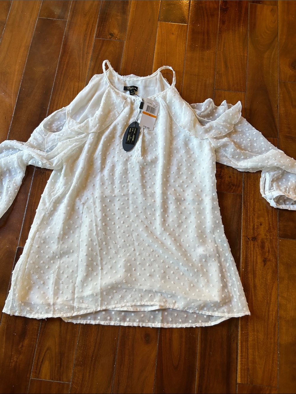 Cupio White Swiss Dot Cold-Shoulder Blouse with Spaghetti Straps